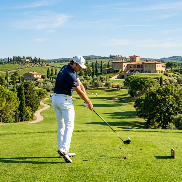 Golfista professionista esegue uno swing perfetto su campo verde toscano
